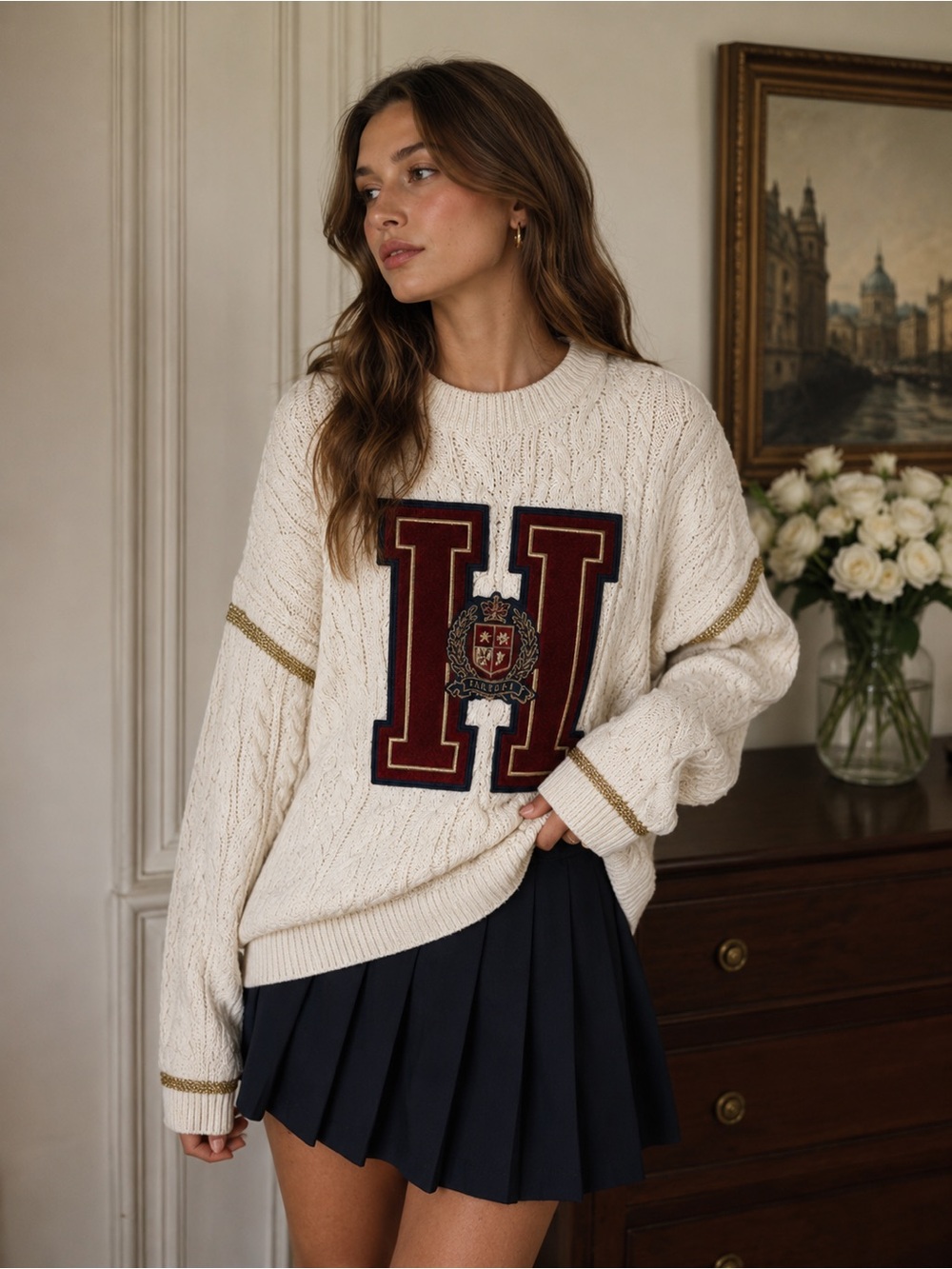 Tommy Hilfiger Tommy Icons Cable Knit Crest Sweater Ivory Preppy M WW0WW24139